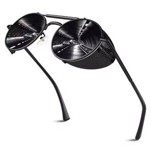 Sunier Retro Round Polarized Steampunk Gothic Side Shield Black Sunglasses